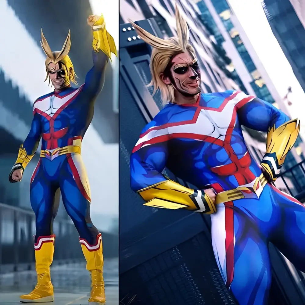 Hero academia mt lady cosplay jumpsuit in blue red white with gold accents and stylized chest emblem for halloween