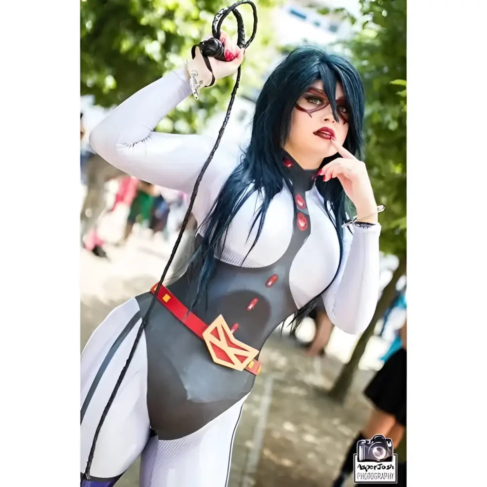 Black and white hero academia lady cosplay jumpsuit with red accents and gold emblem belt for halloween