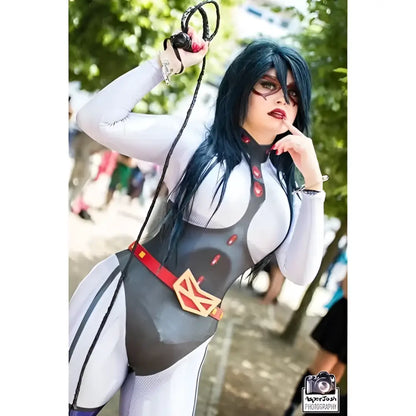 Black and white hero academia lady cosplay jumpsuit with red accents and gold emblem belt for halloween