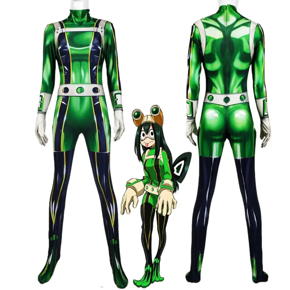 Green and navy blue shiny spandex one-piece hero academia lady cosplay jumpsuit with white accents for halloween