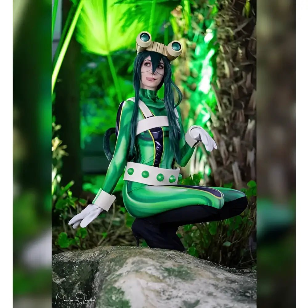 Green and white armored hero academia lady cosplay jumpsuit with frog-themed headpiece for halloween cosplay jumpsuit