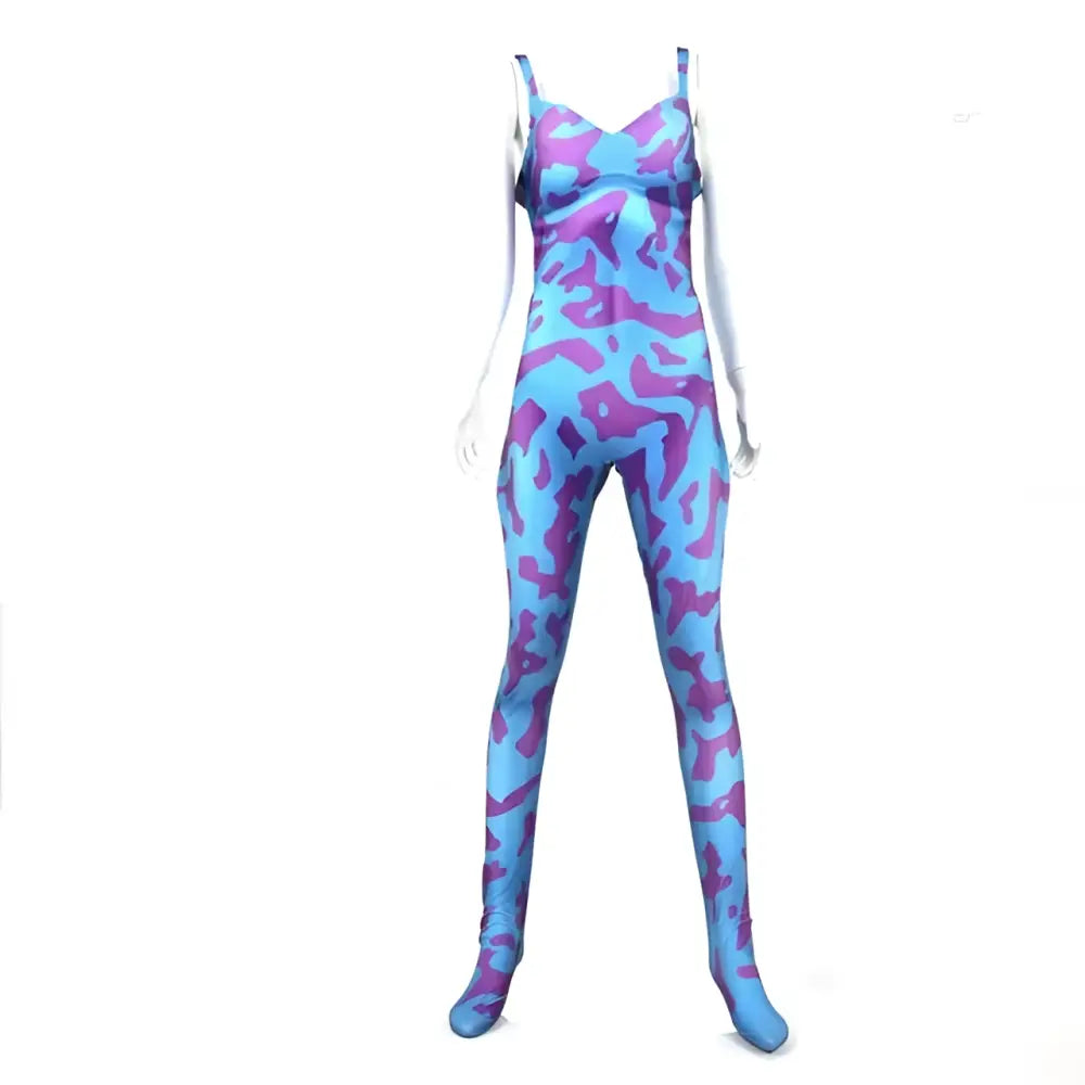 My hero academia mt lady cosplay jumpsuit in vibrant blue and purple camouflage sleeveless form-fitting design for halloween
