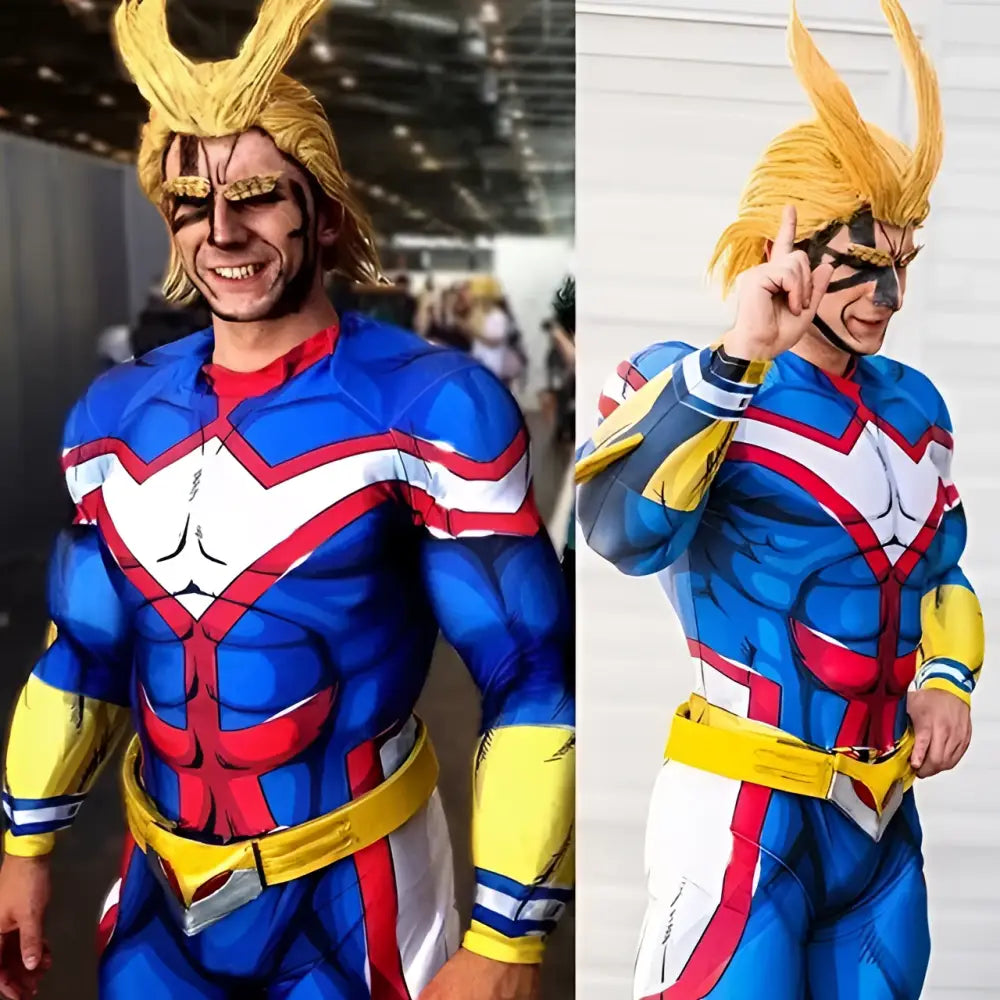 My Hero Academia Mt Lady cosplay jumpsuit in blue red white with yellow accents and detailed muscular design for Halloween