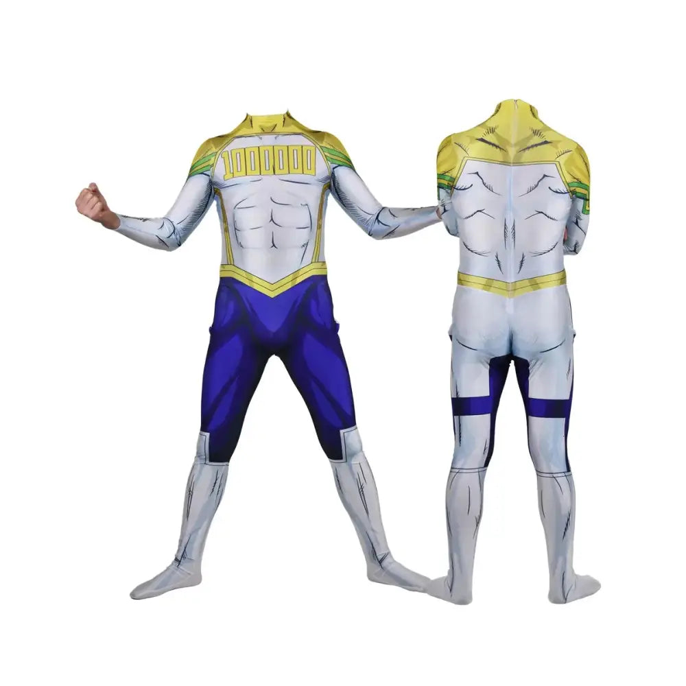 White and purple muscular hero academia lady cosplay jumpsuit with yellow accents and 100000 text for halloween