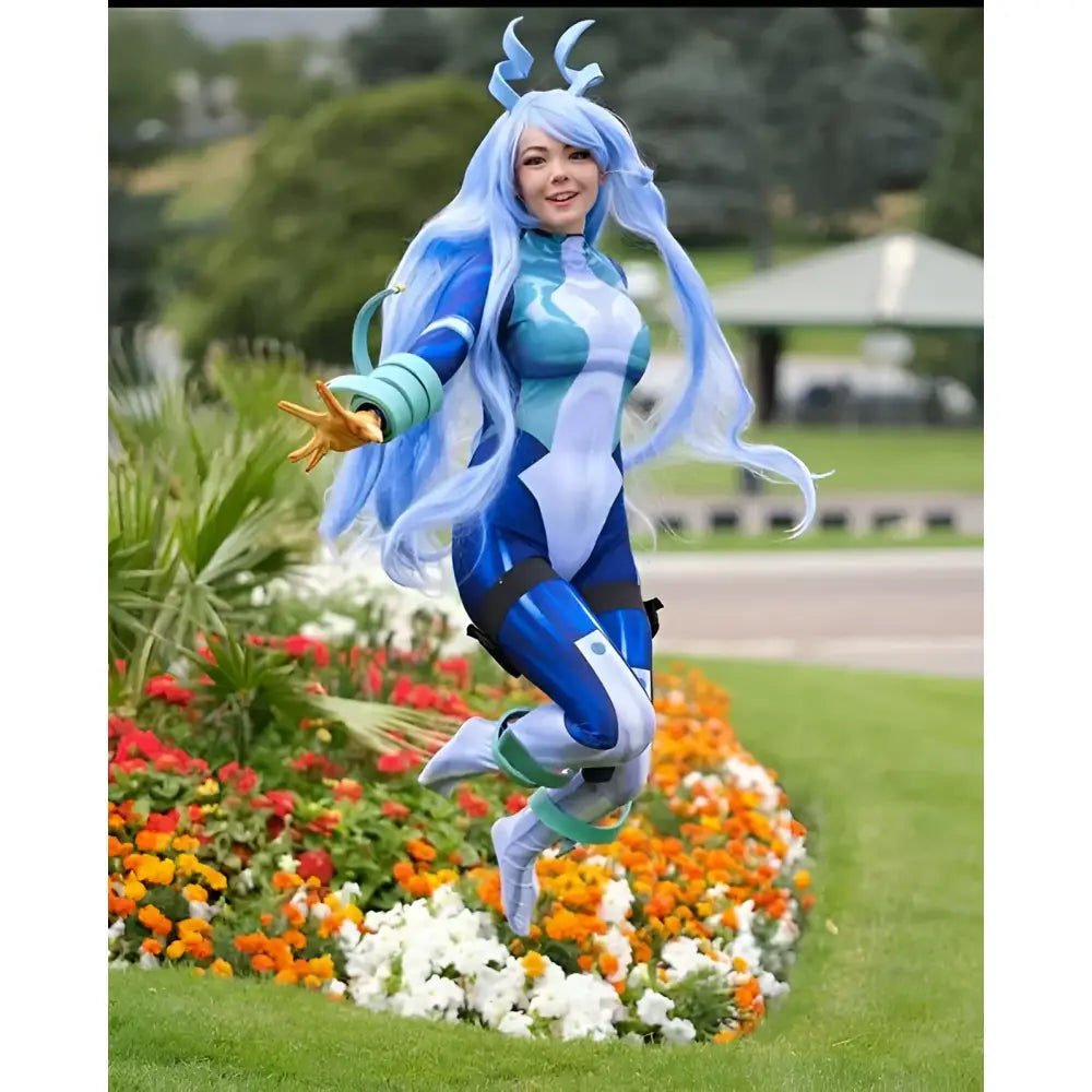 A vibrant blue and teal hero academia lady cosplay jumpsuit with black straps and flowing long hair for halloween