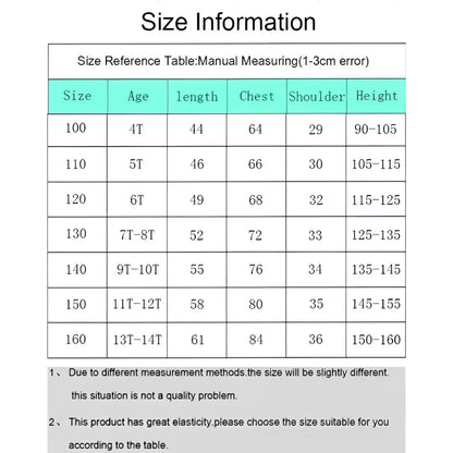 Size reference table in centimeters for stretchy my hero academia parent-child matching style quick-dry tee sizes 100 to 160