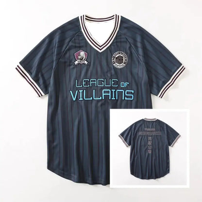 My hero academia matching style quick dry tee in dark navy blue striped jersey with league of villains lettering