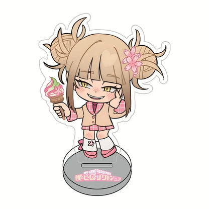 Chibi-style hero academia sakura acrylic standee with blonde twin buns and cherry blossoms holding ice cream 10cm figure