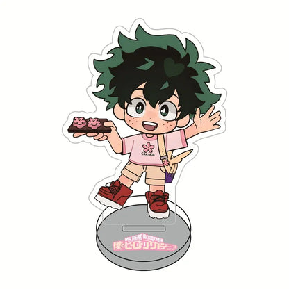 Chibi izuku midoriya figure from my hero academia sakura acrylic stand holding chocolate bar with pink flowers