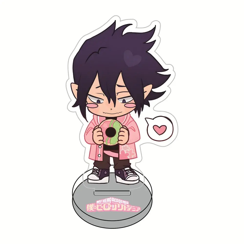 Chibi hero academia sakura acrylic stand with dark spiky hair and pink jacket holding green donut on gray base 10cm figure