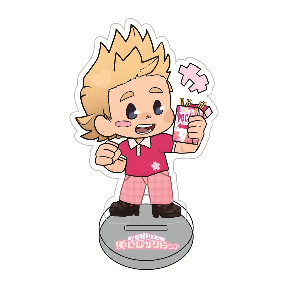 Chibi-style hero academia sakura acrylic stand featuring blonde character in pink polo and plaid shorts with snack packet