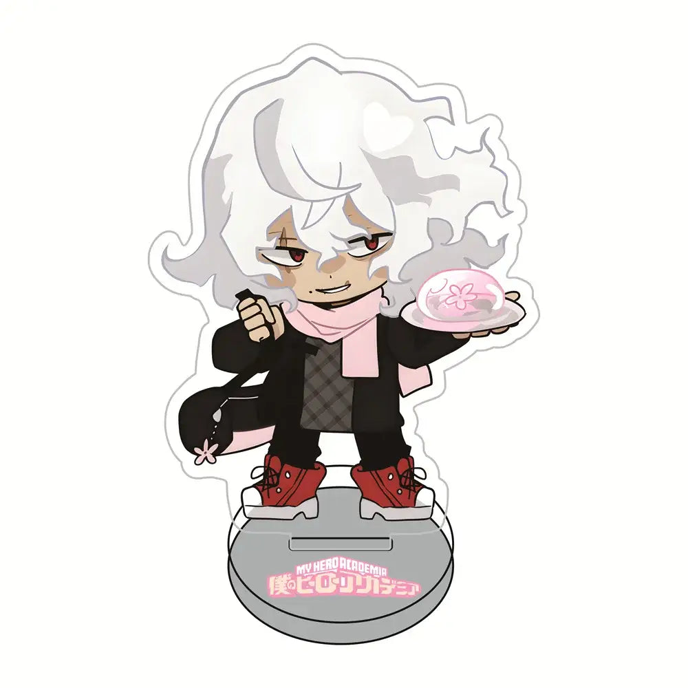 Chibi-style hero academia sakura acrylic standee with white hair, black outfit, red shoes, holding a pink dessert under dome
