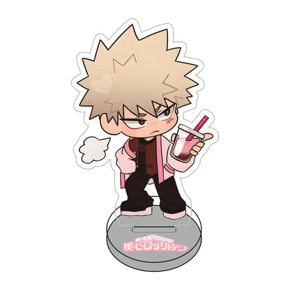 Chibi bakugo from my hero academia holding a pink-strawed drink in hero academia sakura acrylic stand 10cm figure