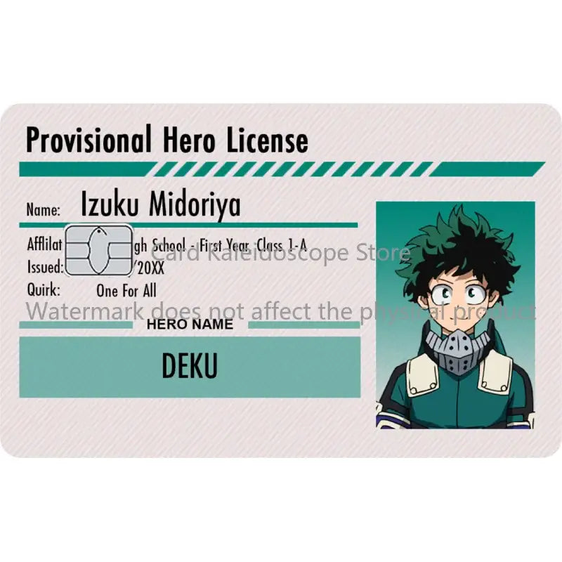 Teal and white plastic my hero academia student id card skin featuring izuku midoriya deku for visa jcb mastercard