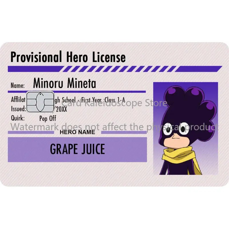 Purple and white my hero academia student id card skin featuring a cartoon hero academia character with yellow scarf and purple cape
