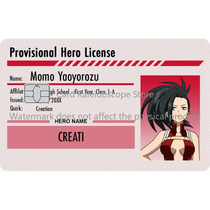 Provisional hero academia student ID card skin featuring momo yaoyorozu with red and white anime design