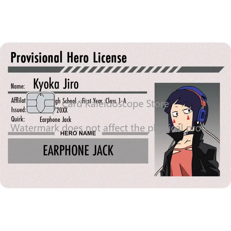 Provisional hero license card with cartoon character and blue headphones on textured gray plastic for hero academia student ID skin