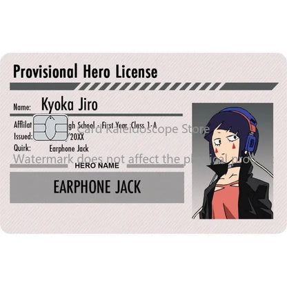 Provisional hero license card with cartoon character and blue headphones on textured gray plastic for hero academia student ID skin