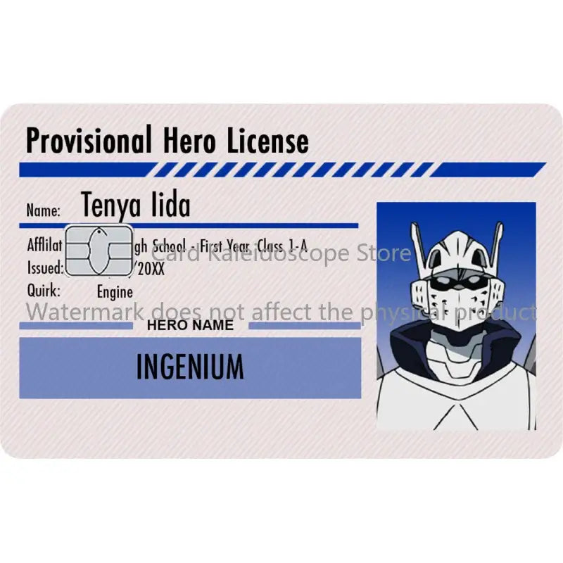 Provisional hero license card skin featuring black and white armored tenya iida for my hero academia student ID cards