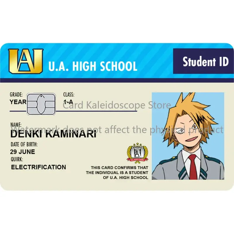 A hero academia student id card skin for visa jcb mastercard featuring u.a. character design in vibrant colors