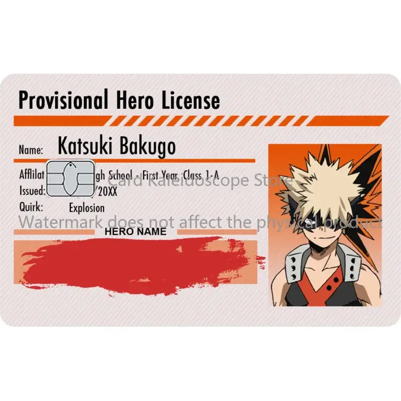 Orange and white provisional hero license card featuring katsuki bakugo for my hero academia student id card skin