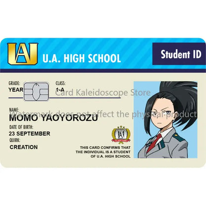 My hero academia student id card skin featuring momo yaoyorozu for visa jcb mastercard with hero academia student design