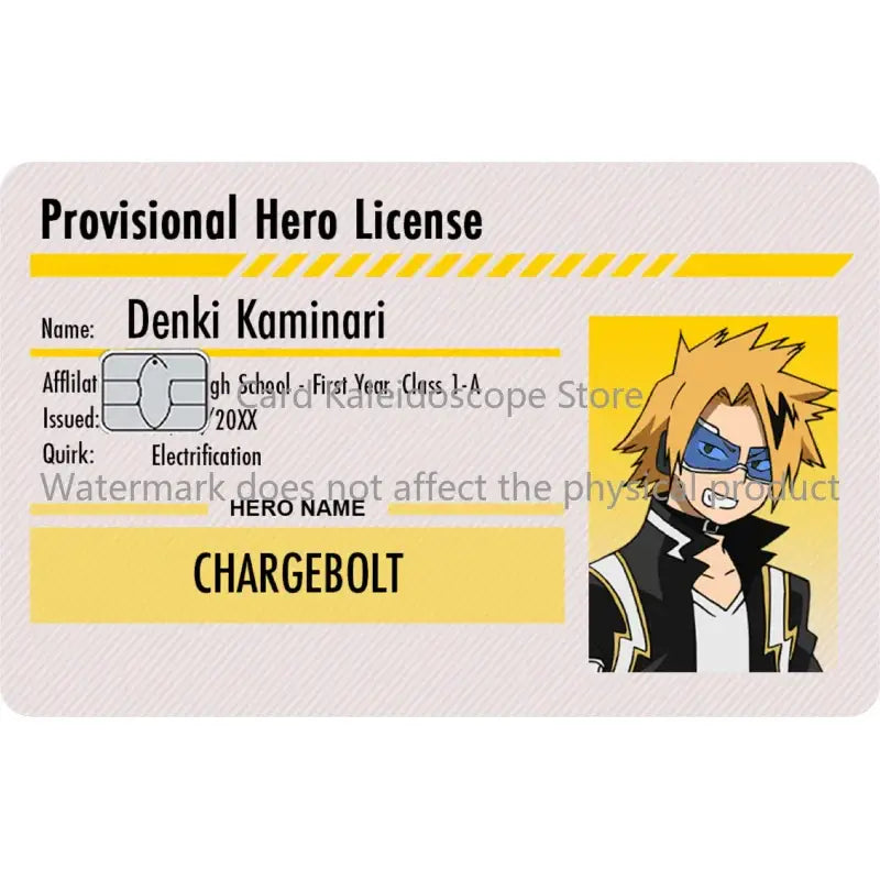 A light gray plastic hero academia student id card skin featuring denki kaminari chargebolt anime design