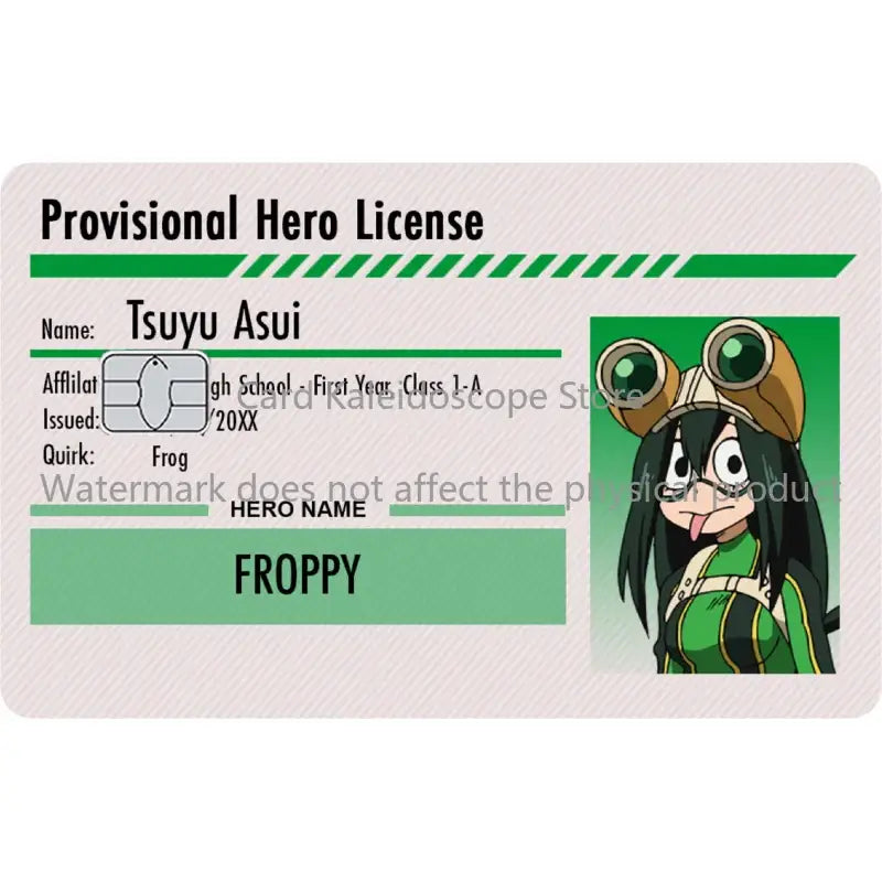 Green and white provisional hero academia student id card skin featuring an anime character with goggles for visa jcb mastercard
