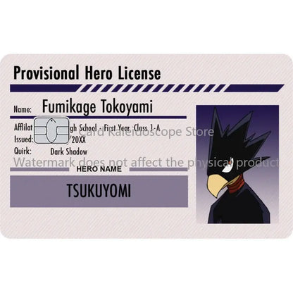 Provisional hero license card skin featuring fumikage tokoyami with black and yellow bird portrait for hero academia student ID