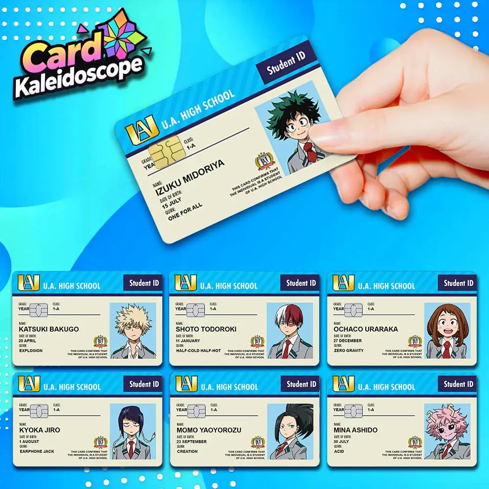 A hand holding a blue and white my hero academia student id card skin featuring izuku midoriya for visa jcb mastercard