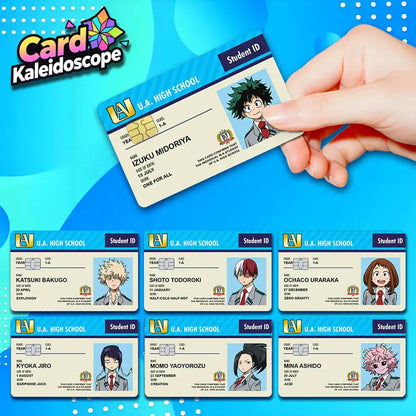 A hand holding a blue and white my hero academia student id card skin featuring izuku midoriya for visa jcb mastercard