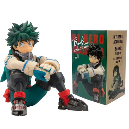 Green-haired izuku midoriya seated pvc action figure in signature green and black uniform from hero academia premium version