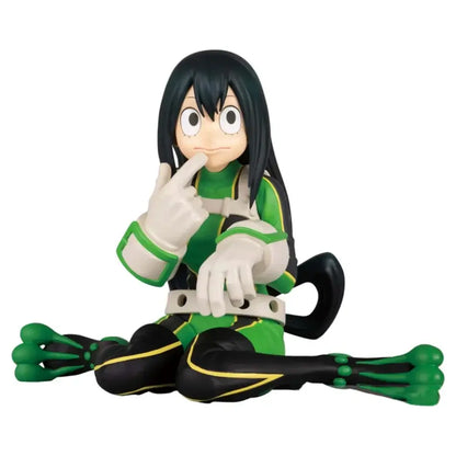Green and black frog-themed pvc figurine with white gloves sitting in split pose from my hero academia premium version
