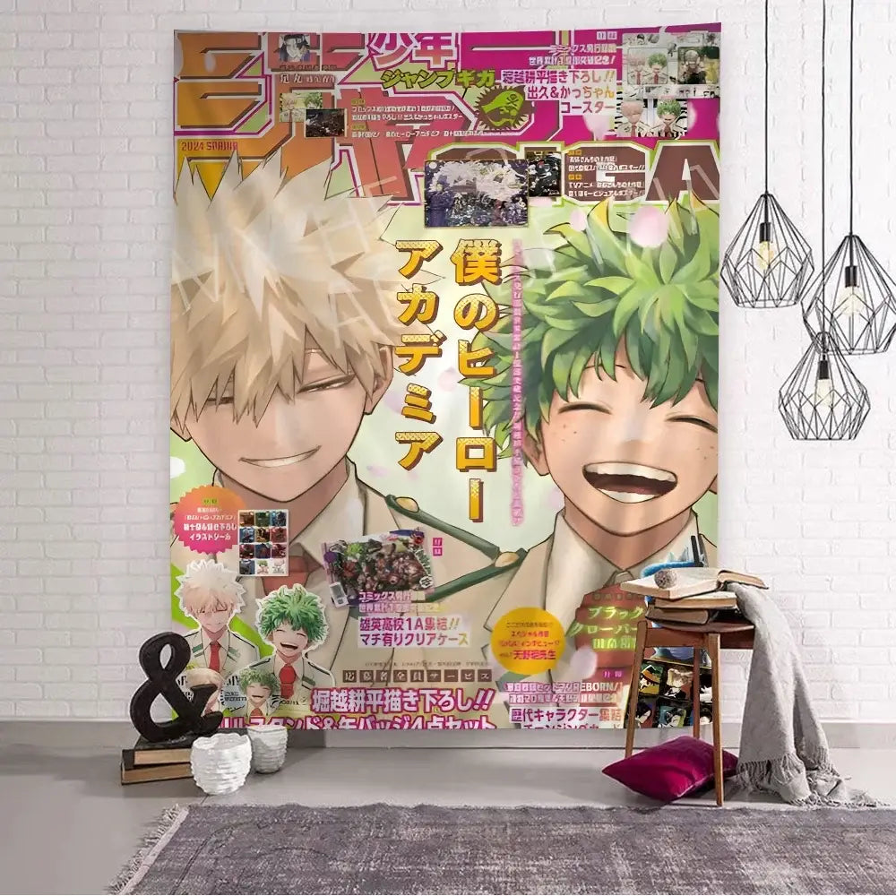 Vibrant pink and green my hero academia wall tapestry featuring izuku midoriya and katsuki bakugo for home decor
