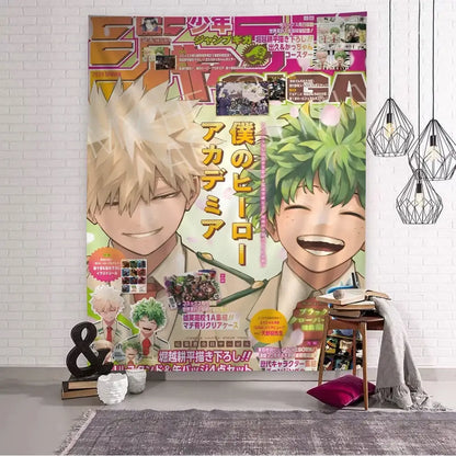 Vibrant pink and green my hero academia wall tapestry featuring izuku midoriya and katsuki bakugo for home decor