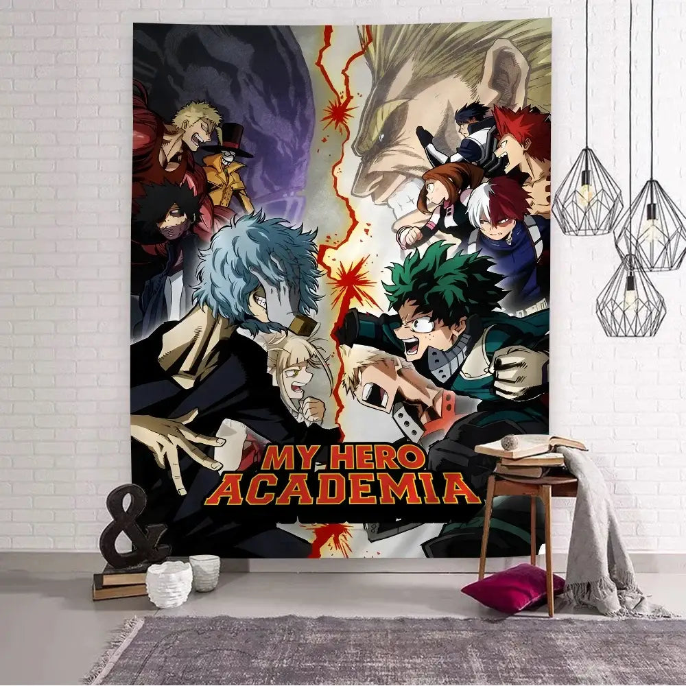 My hero academia wall tapestry with vibrant character artwork and bold orange lettering for stylish home decor