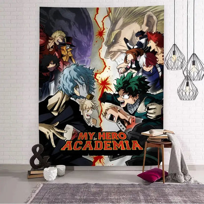 My hero academia wall tapestry with vibrant character artwork and bold orange lettering for stylish home decor