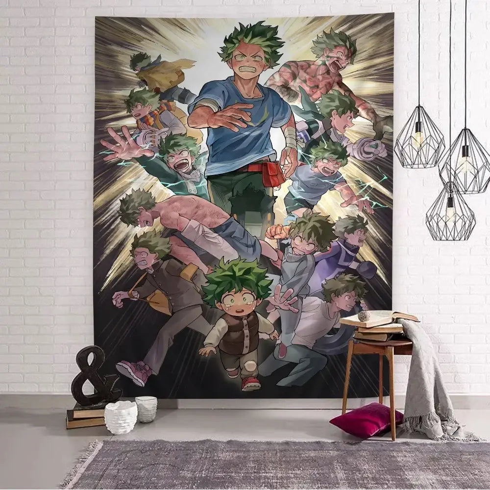 My hero academia wall tapestry featuring green-haired character in action poses for vibrant home decor