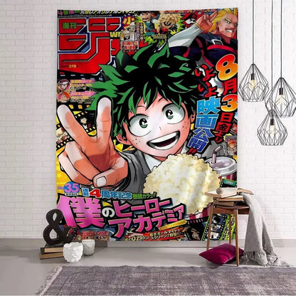 My hero academia wall tapestry featuring vibrant green-haired izuku on colorful manga magazine design for home decor