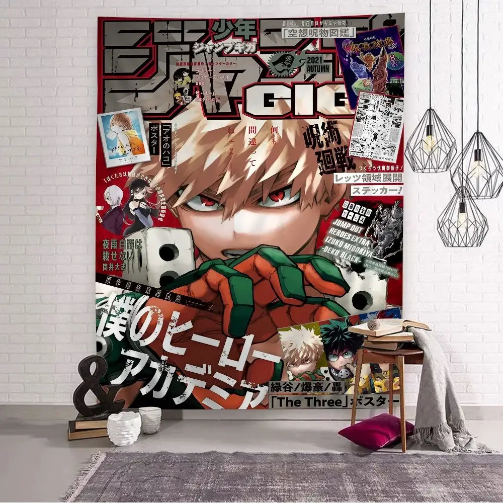 My hero academia wall tapestry features vibrant red and black colors with bakugo for decorative home decor