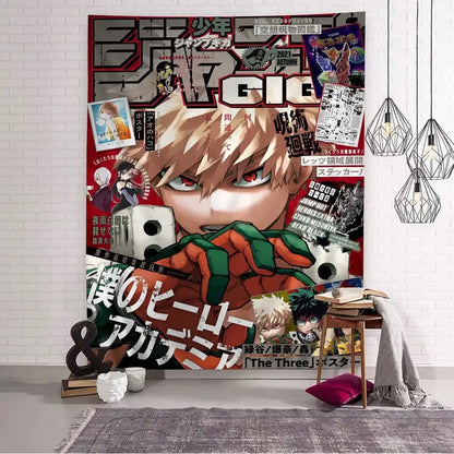 My hero academia wall tapestry features vibrant red and black colors with bakugo for decorative home decor