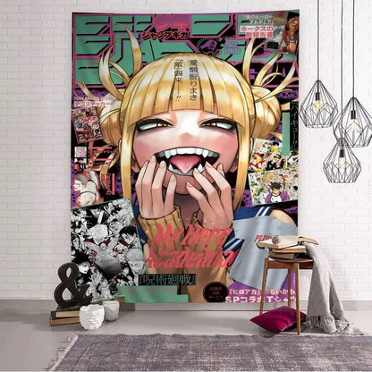 My Hero Academia wall tapestry with bold blonde character and vivid manga collage in purples green and pink for home decor