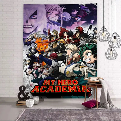 Vibrant my hero academia wall tapestry with dynamic anime characters in bold colors perfect for home decor