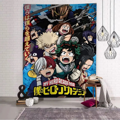 Vibrant blue and black my hero academia wall tapestry featuring dynamic anime characters for decorative home decor