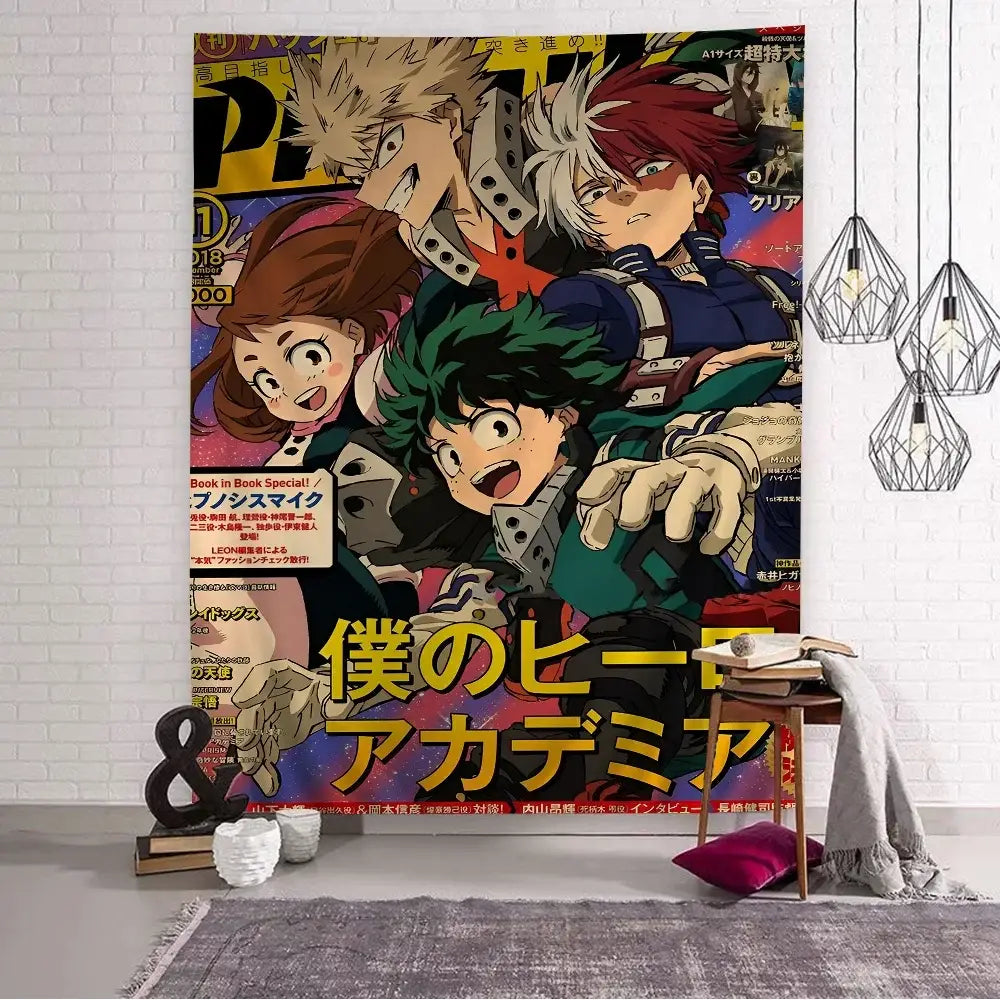 Vibrant hero academia wall tapestry with colorful anime characters and bold yellow and red text for home decor