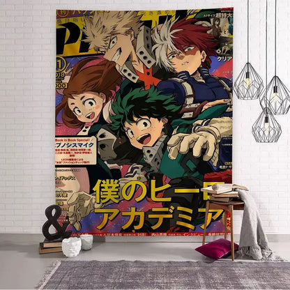 Vibrant hero academia wall tapestry with colorful anime characters and bold yellow and red text for home decor