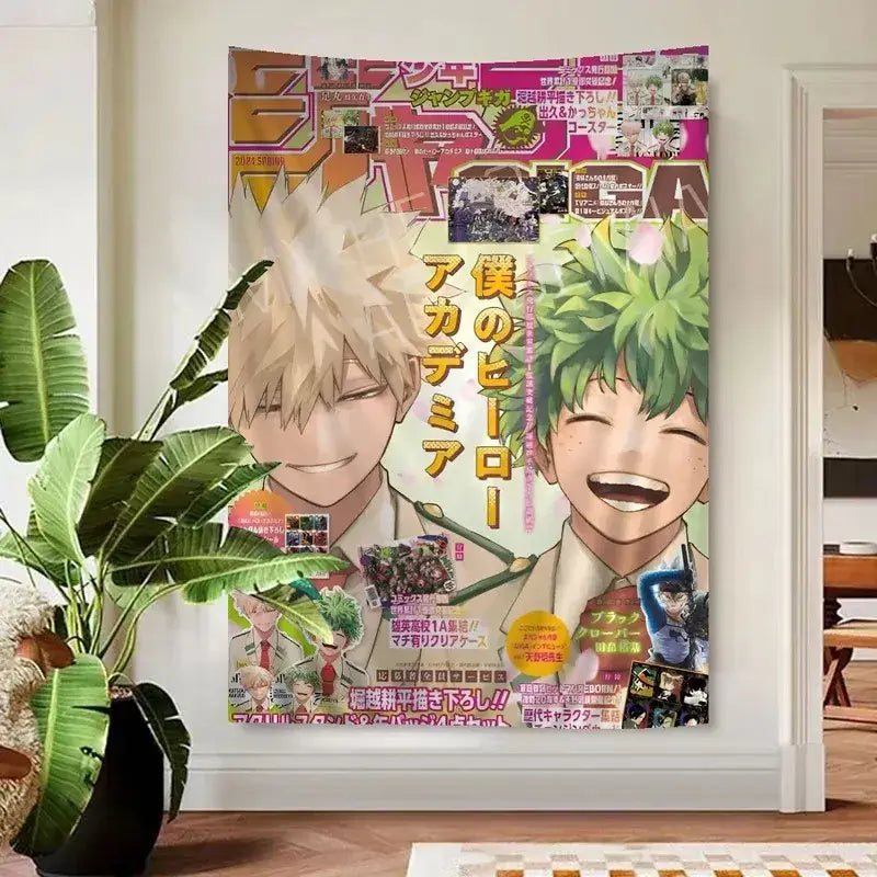 My hero academia wall tapestry featuring vibrant blonde and green haired anime characters for decorative home decor