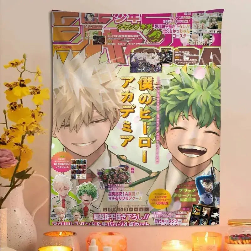 My hero academia wall tapestry with vibrant bakugo and iida artwork featuring bold japanese text for hero academia home decor