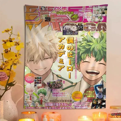 My hero academia wall tapestry with vibrant bakugo and iida artwork featuring bold japanese text for hero academia home decor