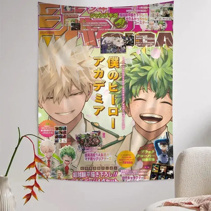 My hero academia wall tapestry with vibrant blonde and green-haired characters on fabric for home decor